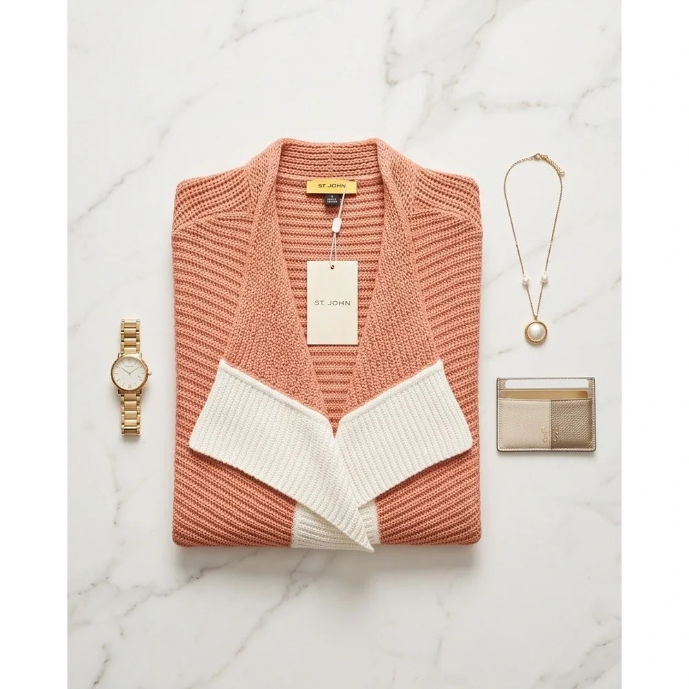 St John L Peach Pink Silk Blend Ribbed Knit Open Front‎ Cardigan Vest Large
